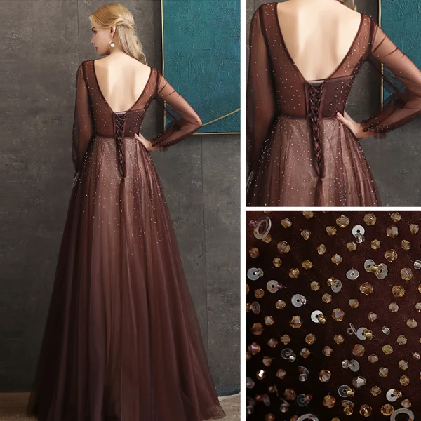 Best Brown Evening Dresses  2020 A-Line / Princess V-Neck Puffy Long Sleeve Beading Floor-Length / Long Backless Formal Dresses