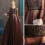Best Brown Evening Dresses  2020 A-Line / Princess V-Neck Puffy Long Sleeve Beading Floor-Length / Long Backless Formal Dresses