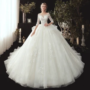 Chic Belle Ivoire Transparentes Robe De Mariée 2020 Robe Boule Encolure Dégagée 3 4 Manches Appliques En Dentelle Perle Chapel Train Volants Dos Nu