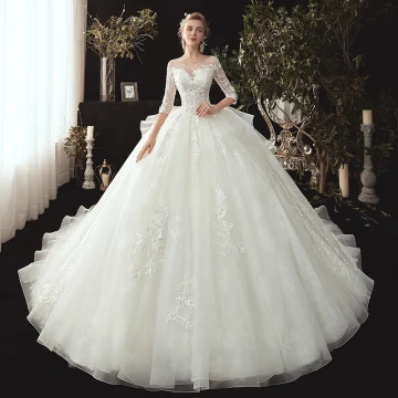 Chic Belle Ivoire Transparentes Robe De Mariée 2020 Robe Boule Encolure Dégagée 3 4 Manches Appliques En Dentelle Perle Chapel Train Volants Dos Nu