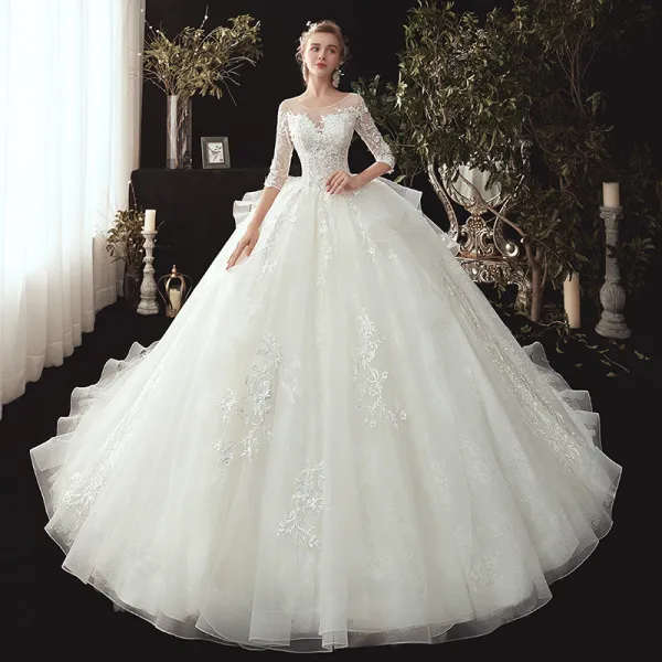 Chic / Beautiful Ivory See-through Wedding Dresses 2020 Ball Gown Scoop Neck 3/4 Sleeve Appliques Lace Pearl Chapel Train Ruffle Backless