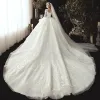 Chic / Beautiful Ivory See-through Wedding Dresses 2020 Ball Gown Scoop Neck 3/4 Sleeve Appliques Lace Pearl Chapel Train Ruffle Backless
