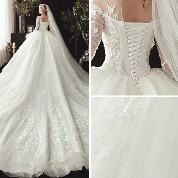Chic / Belle Ivoire Transparentes Robe De Mariée 2020 Robe Boule Encolure Dégagée 3/4 Manches Appliques En Dentelle Perle Chapel Train Volants Dos Nu