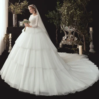 Chic Beautiful Ivory Wedding Dresses 2020 Ball Gown Scoop Neck 3 4 Sleeve Backless Appliques Lace Sequins Beading Chapel Train Cascading Ruffles