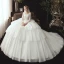 Chic / Belle Ivoire Robe De Mariée 2020 Robe Boule Encolure Dégagée 3/4 Manches Dos Nu Appliques En Dentelle Paillettes Perlage Chapel Train Volants en Cascade