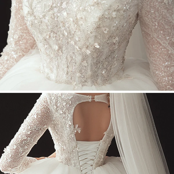 Chic / Belle Ivoire Robe De Mariée 2020 Robe Boule Encolure Dégagée 3/4 Manches Dos Nu Appliques En Dentelle Paillettes Perlage Chapel Train Volants en Cascade