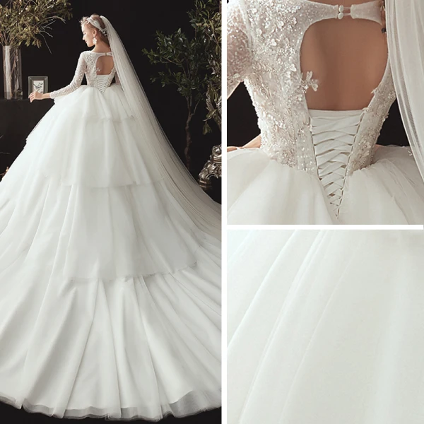 Chic / Belle Ivoire Robe De Mariée 2020 Robe Boule Encolure Dégagée 3/4 Manches Dos Nu Appliques En Dentelle Paillettes Perlage Chapel Train Volants en Cascade