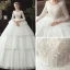 Chic / Belle Ivoire Robe De Mariée 2020 Robe Boule Encolure Dégagée 3/4 Manches Dos Nu Appliques En Dentelle Paillettes Perlage Chapel Train Volants en Cascade