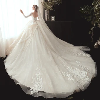 Meilleur Champagne Robe De Mariée 2020 Robe Boule V Cou 3 4 Manches Dos Nu Appliques En Dentelle Perlage Perle Chapel Train Volants