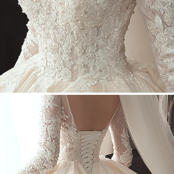 Best Champagne Wedding Dresses 2020 Ball Gown V-Neck 3/4 Sleeve Backless Appliques Lace Beading Pearl Chapel Train Ruffle