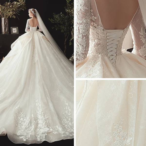 Best Champagne Wedding Dresses 2020 Ball Gown V-Neck 3/4 Sleeve Backless Appliques Lace Beading Pearl Chapel Train Ruffle
