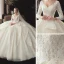 Best Champagne Wedding Dresses 2020 Ball Gown V-Neck 3/4 Sleeve Backless Appliques Lace Beading Pearl Chapel Train Ruffle