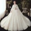 Conte de fée Champagne Transparentes Robe De Mariée Avec Cape 2020 Robe Boule Col Haut 3/4 Manches Dos Nu Appliques En Dentelle Perlage Watteau Train Volants