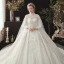 Conte de fée Champagne Transparentes Robe De Mariée Avec Cape 2020 Robe Boule Col Haut 3/4 Manches Dos Nu Appliques En Dentelle Perlage Watteau Train Volants