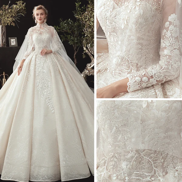 Conte de fée Champagne Transparentes Robe De Mariée Avec Cape 2020 Robe Boule Col Haut 3/4 Manches Dos Nu Appliques En Dentelle Perlage Watteau Train Volants