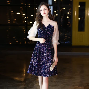 Sparkly Royal Blue Sequins Homecoming Graduation Dresses 2020 A Line Princess See Through V Neck Puffy 1 2 Sleeves Short Ruffle Formal Dresses