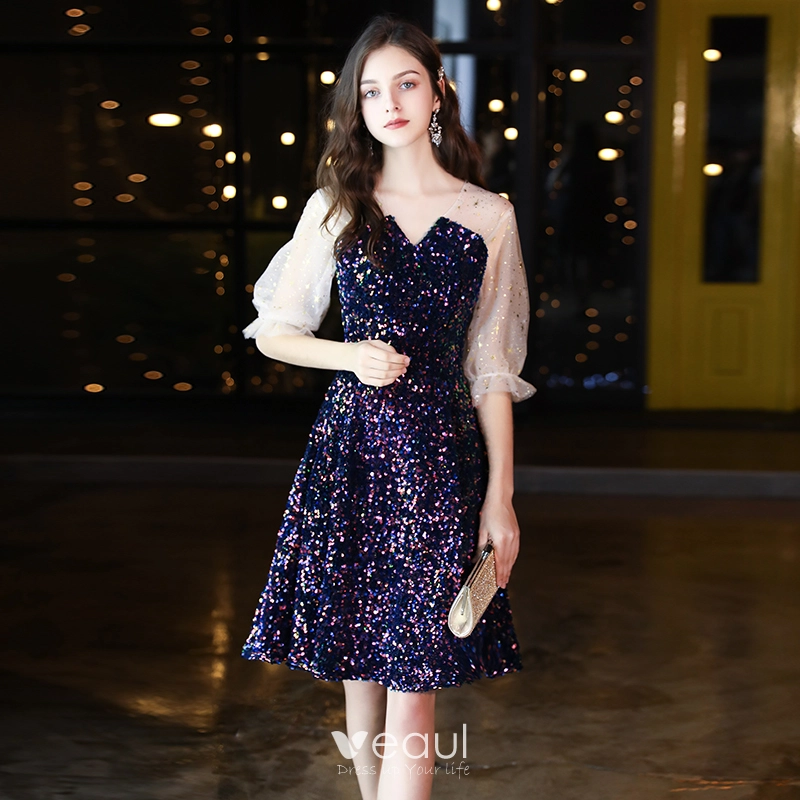 Sparkly Royal Blue Sequins Homecoming Graduation Dresses 2020 A Line Princess See Through V Neck Puffy 1 2 Sleeves Short Ruffle Formal Dresses Sparkly Royal Blue Sequins Homecoming Graduation Dresses 2020 A Line Princess See Through V Neck Puffy 1 2 Sleeves Short Ruffle Formal Dresses