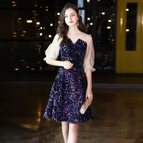 Sparkly Royal Blue Sequins Homecoming Graduation Dresses 2020 A-Line / Princess See-through V-Neck Puffy 1/2 Sleeves Short Ruffle Formal Dresses