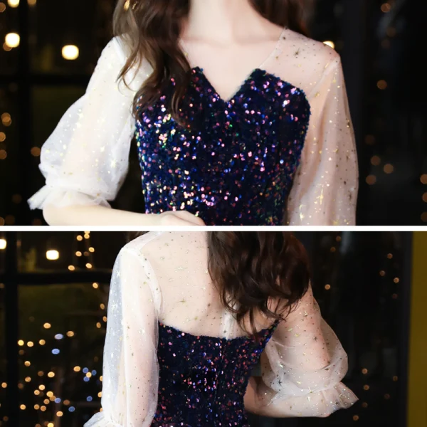 Scintillantes Bleu Roi Paillettes de retour Robe De Graduation 2020 Princesse Transparentes V-Cou Gonflée 1/2 Manches Courte Volants Robe De Ceremonie