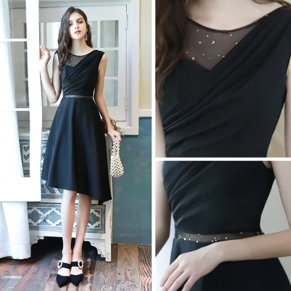 Fashion Black See-through Homecoming Graduation Dresses 2020 A-Line / Princess Scoop Neck Sleeveless Sequins Asymmetrical Backless Formal Dresses
