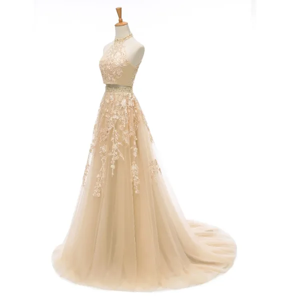 2 Piece Champagne Wedding Dresses 2020 A-Line / Princess Halter Sleeveless Backless Appliques Lace Beading Court Train Ruffle