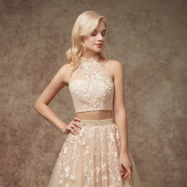 2 Piece Champagne Wedding Dresses 2020 A-Line / Princess Halter Sleeveless Backless Appliques Lace Beading Court Train Ruffle