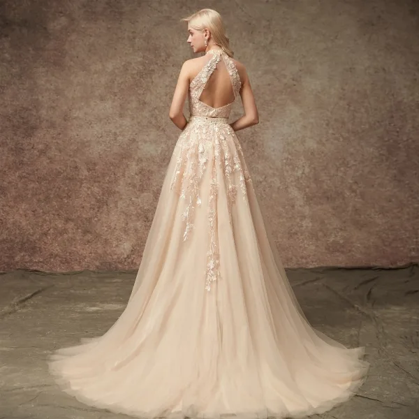 2 Piece Champagne Wedding Dresses 2020 A-Line / Princess Halter Sleeveless Backless Appliques Lace Beading Court Train Ruffle