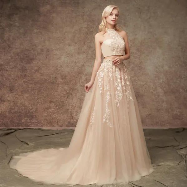 2 Piece Champagne Wedding Dresses 2020 A-Line / Princess Halter Sleeveless Backless Appliques Lace Beading Court Train Ruffle
