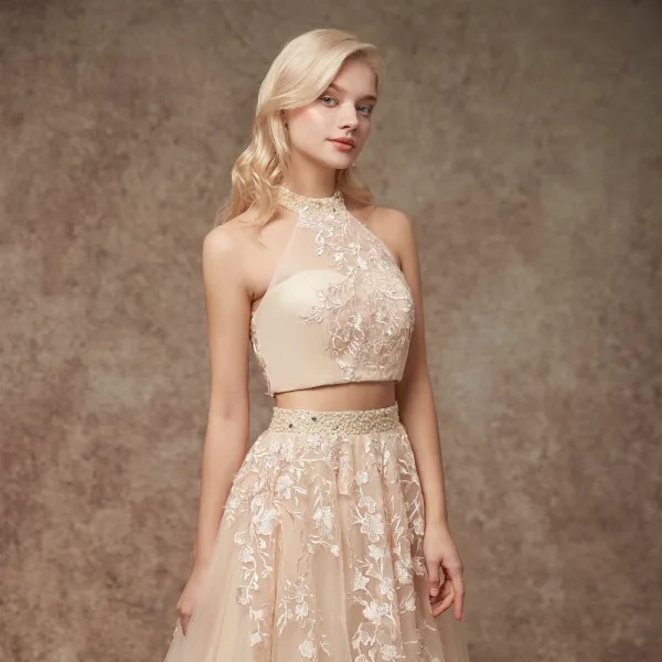 2 Piece Champagne Wedding Dresses 2020 A-Line / Princess Halter Sleeveless Backless Appliques Lace Beading Court Train Ruffle