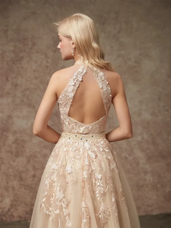 2 Piece Champagne Wedding Dresses 2020 A-Line / Princess Halter Sleeveless Backless Appliques Lace Beading Court Train Ruffle