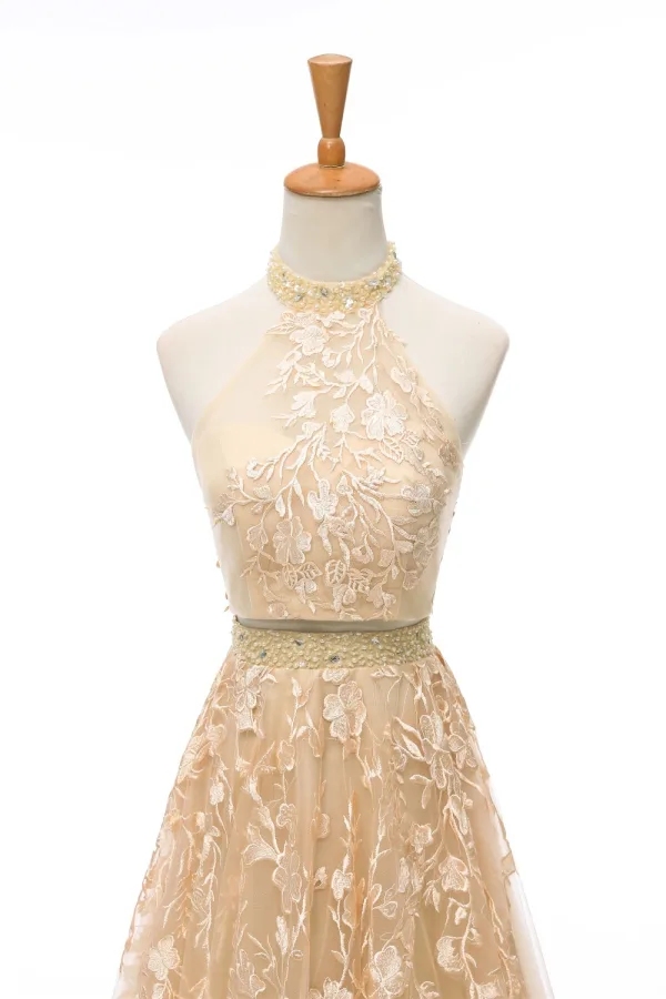 2 Piece Champagne Wedding Dresses 2020 A-Line / Princess Halter Sleeveless Backless Appliques Lace Beading Court Train Ruffle