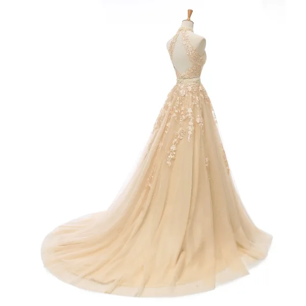 2 Piece Champagne Wedding Dresses 2020 A-Line / Princess Halter Sleeveless Backless Appliques Lace Beading Court Train Ruffle
