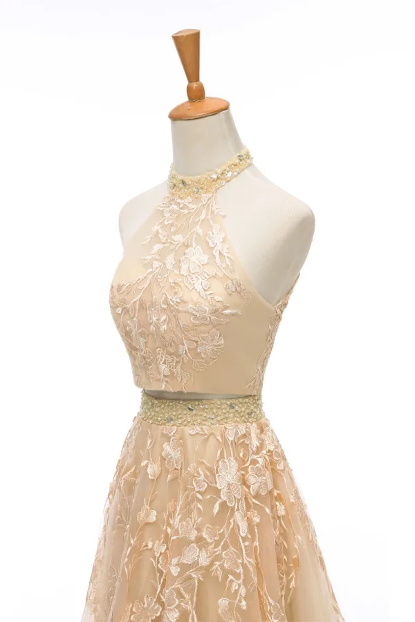 2 Piece Champagne Wedding Dresses 2020 A-Line / Princess Halter Sleeveless Backless Appliques Lace Beading Court Train Ruffle 2 Piece Champagne Wedding Dresses 2020 A-Line / Princess Halter Sleeveless Backless Appliques Lace Beading Court Train Ruffle