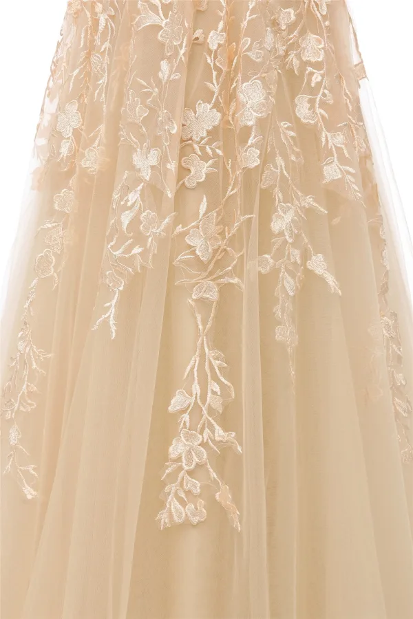 2 Piece Champagne Wedding Dresses 2020 A-Line / Princess Halter Sleeveless Backless Appliques Lace Beading Court Train Ruffle