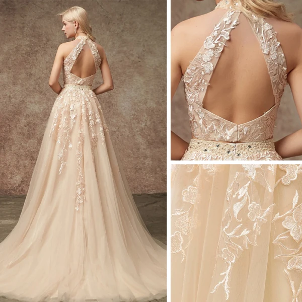 2 Piece Champagne Wedding Dresses 2020 A-Line / Princess Halter Sleeveless Backless Appliques Lace Beading Court Train Ruffle