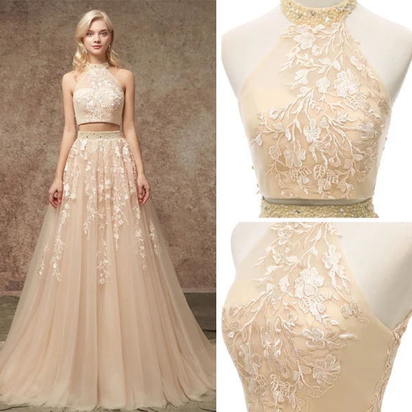 2 Piece Champagne Wedding Dresses 2020 A-Line / Princess Halter Sleeveless Backless Appliques Lace Beading Court Train Ruffle