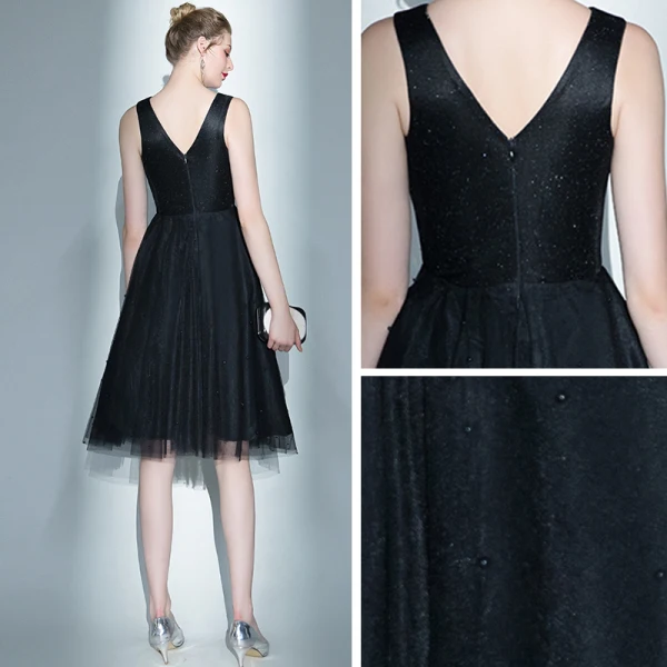 Fashion Black Homecoming Graduation Dresses 2020 A-Line / Princess V-Neck Sleeveless Beading Pearl Short Ruffle Backless Formal Dresses