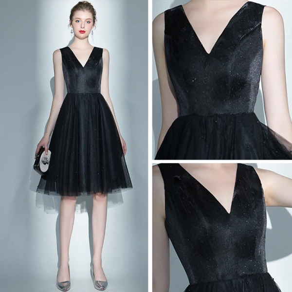 Fashion Black Homecoming Graduation Dresses 2020 A-Line / Princess V-Neck Sleeveless Beading Pearl Short Ruffle Backless Formal Dresses
