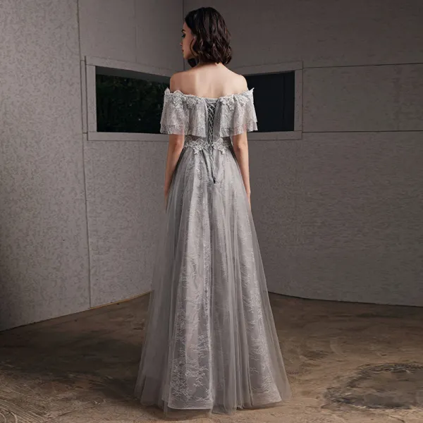 Beste Grau Abendkleider 2020 A Linie Off Shoulder Kurze Ärmel Applikationen Spitze Perlenstickerei Lange Rüschen Rückenfreies Festliche Kleider