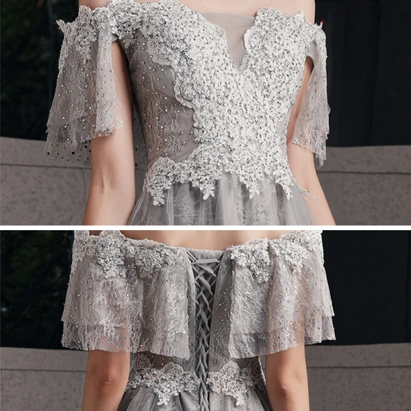 Beste Grau Abendkleider 2020 A Linie Off Shoulder Kurze Ärmel Applikationen Spitze Perlenstickerei Lange Rüschen Rückenfreies Festliche Kleider