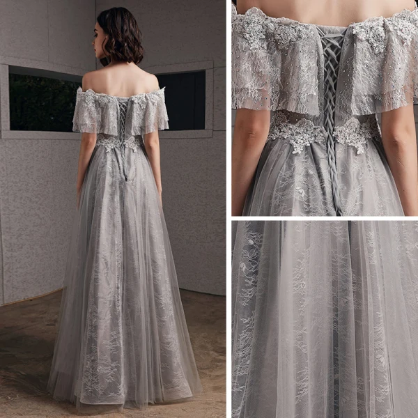 Beste Grau Abendkleider 2020 A Linie Off Shoulder Kurze Ärmel Applikationen Spitze Perlenstickerei Lange Rüschen Rückenfreies Festliche Kleider