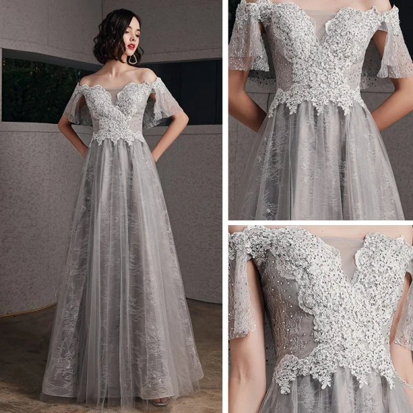 Beste Grau Abendkleider 2020 A Linie Off Shoulder Kurze Ärmel Applikationen Spitze Perlenstickerei Lange Rüschen Rückenfreies Festliche Kleider