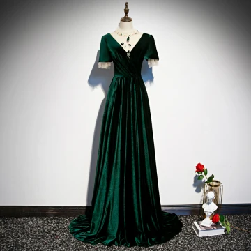 Chic Beautiful Dark Green Velour Evening Dresses 2020 A Line Princess See Through Scoop Neck Short Sleeve Beading Sweep Train Ruffle Backless Formal Dresses