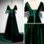 Schöne Dunkelgrün Velour Abendkleider 2020 A Linie Durchsichtige Rundhalsausschnitt Kurze Ärmel Perlenstickerei Sweep / Pinsel Zug Rüschen Rückenfreies Festliche Kleider