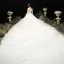 Luxury / Gorgeous Champagne See-through Wedding Dresses 2020 Ball Gown Scoop Neck Long Sleeve Pierced Appliques Lace Beading Royal Train Ruffle