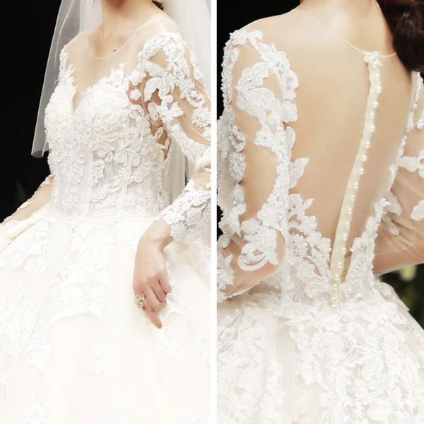 Luxury / Gorgeous Champagne See-through Wedding Dresses 2020 Ball Gown Scoop Neck Long Sleeve Pierced Appliques Lace Beading Royal Train Ruffle