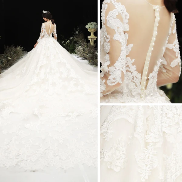 Luxury / Gorgeous Champagne See-through Wedding Dresses 2020 Ball Gown Scoop Neck Long Sleeve Pierced Appliques Lace Beading Royal Train Ruffle