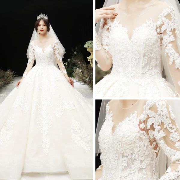 Luxury / Gorgeous Champagne See-through Wedding Dresses 2020 Ball Gown Scoop Neck Long Sleeve Pierced Appliques Lace Beading Royal Train Ruffle