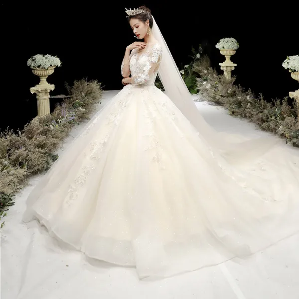Charming Champagne See-through Wedding Dresses 2020 Ball Gown Scoop Neck 3/4 Sleeve Appliques Lace Beading Glitter Tulle Cathedral Train Ruffle