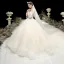 Charming Champagne See-through Wedding Dresses 2020 Ball Gown Scoop Neck 3/4 Sleeve Appliques Lace Beading Glitter Tulle Cathedral Train Ruffle